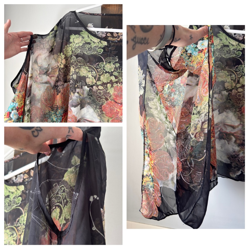 Boho Sheer Chiffon Poncho Top Womens One Size Black Floral Paisley Draped Blouse - Picture 7 of 16